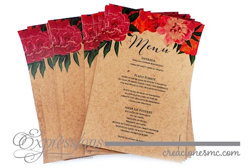 Menu floral papel organico Expressions Invitaciones - Evento Estilo Mexican Chic