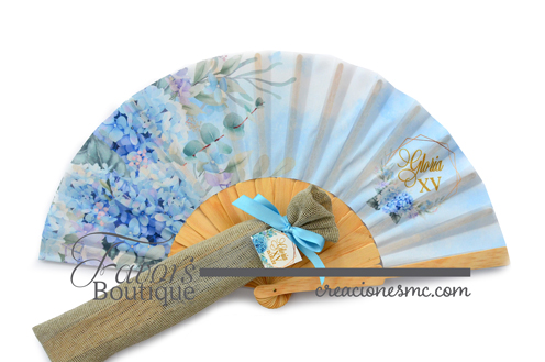 creaciones mc abanicos xv anos hortensias azules - Abanicos Personalizados