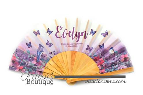 creaciones mc abanicos personalizados lila mariposas y pajaros - Abanicos Personalizados