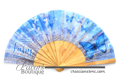creaciones mc abanicos personalizados mariposa azul - Abanicos Personalizados