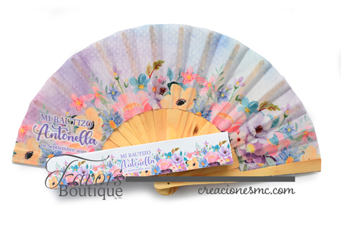 creaciones mc abanicos personalizados bautizo flores colores pastel - Abanicos Personalizados