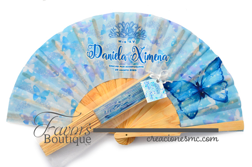 creaciones mc abanicos personalizados xv anos mariposas y coronas azul - Abanicos Personalizados